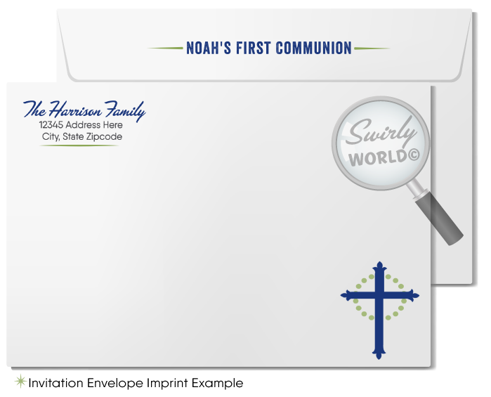 Mid-Century Modern Sacramental Invitation Set - Navy & Celery Green, Editable for Communion, Baptism, Confirmation