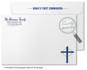 Mid-Century Modern Sacramental Invitation Set - Navy & Celery Green, Editable for Communion, Baptism, Confirmation