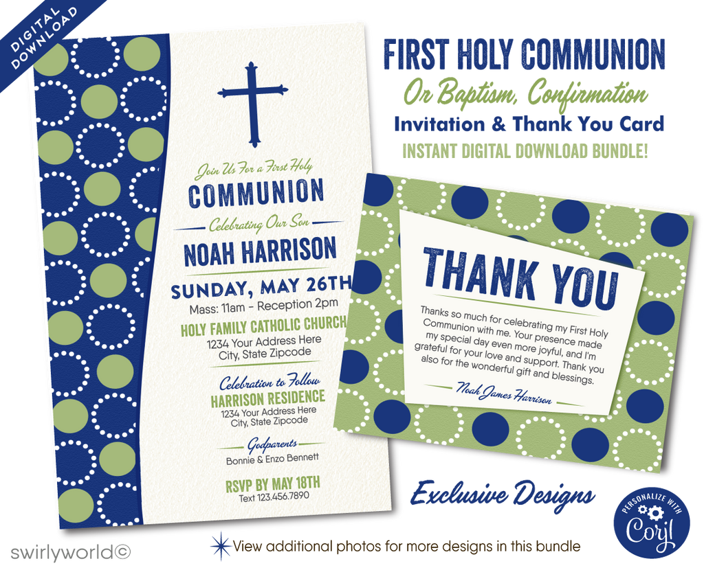 Discover our Retro Mid-Century Modern Invitation Set for First Holy Communion, Baptism, or Confirmation. Editable designs in navy and celery green with a geometric circle pattern and unique vintage typography. Add a personal touch with a photo on the back! Perfect for your special celebration.