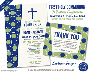 Discover our Retro Mid-Century Modern Invitation Set for First Holy Communion, Baptism, or Confirmation. Editable designs in navy and celery green with a geometric circle pattern and unique vintage typography. Add a personal touch with a photo on the back! Perfect for your special celebration.