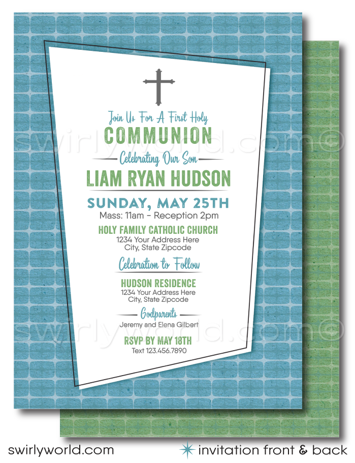 Discover Swirly World's unique vintage Mid-Century Modern Communion Invitation Set in Soothing Greens & Blues. Includes editable invitations, thank you cards & envelopes for Baptisms or Confirmations. Perfect for your boy's special day!