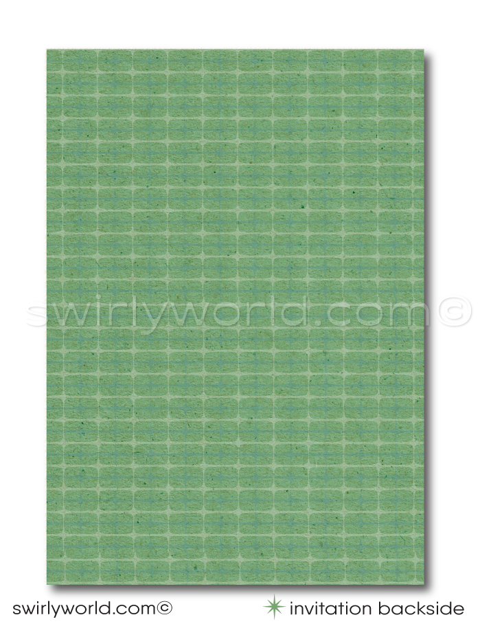 Discover Swirly World's unique vintage Mid-Century Modern Communion Invitation Set in Soothing Greens & Blues. Includes editable invitations, thank you cards & envelopes for Baptisms or Confirmations. Perfect for your boy's special day!