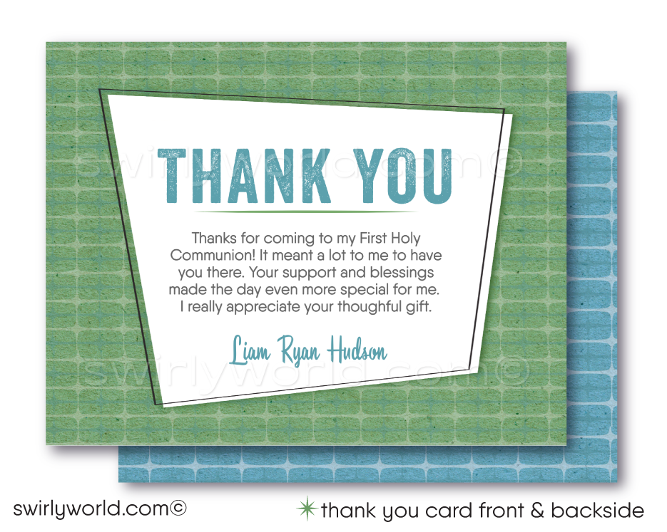 Celebrate your son's First Holy Communion with our retro-inspired Invitation Set. Meticulously designed for boys, featuring soothing greens and blues with vintage fonts and starbursts. Includes invitation, thank you card, and envelopes. Editable for any religious milestone. Make your event unforgettable!