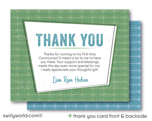 Celebrate your son's First Holy Communion with our retro-inspired Invitation Set. Meticulously designed for boys, featuring soothing greens and blues with vintage fonts and starbursts. Includes invitation, thank you card, and envelopes. Editable for any religious milestone. Make your event unforgettable!