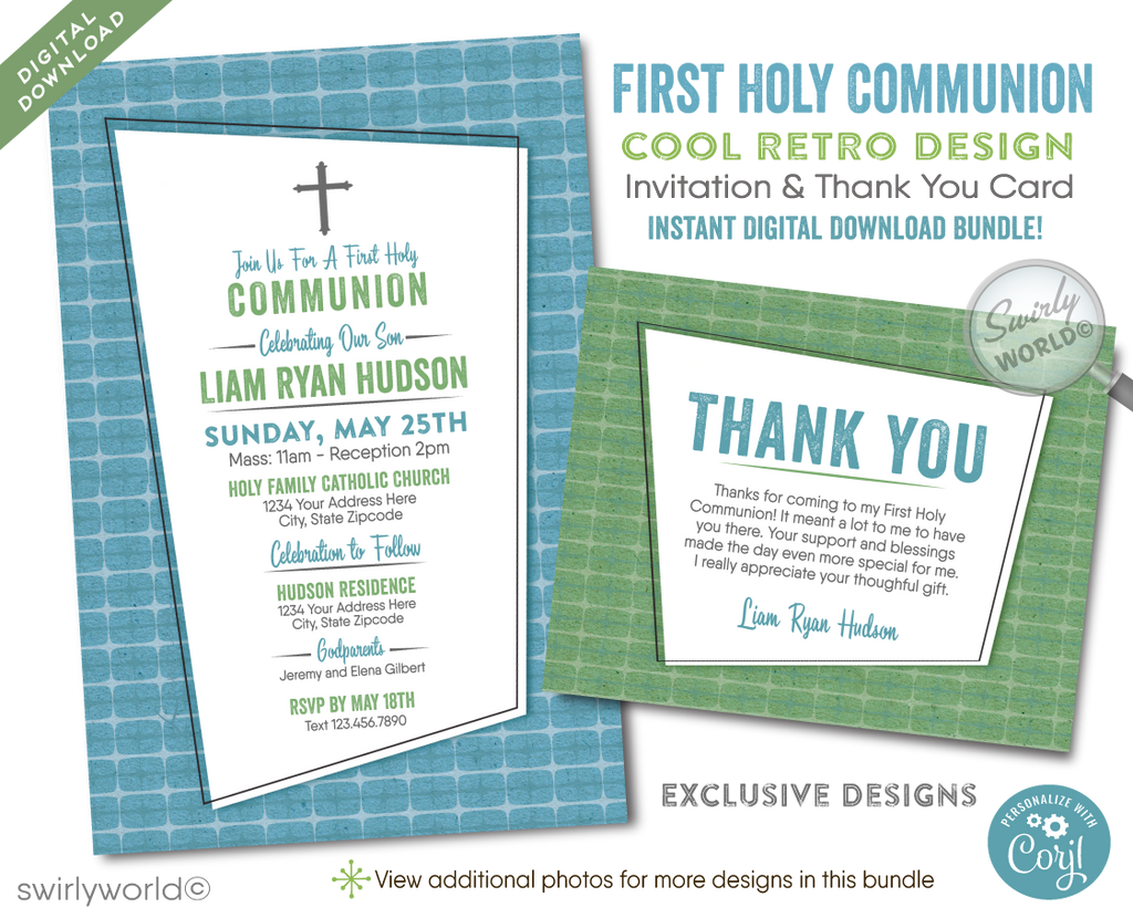 Retro Mid-Century Modern Communion Set - Green & Blue Invitations, Thank You Cards & Envelopes