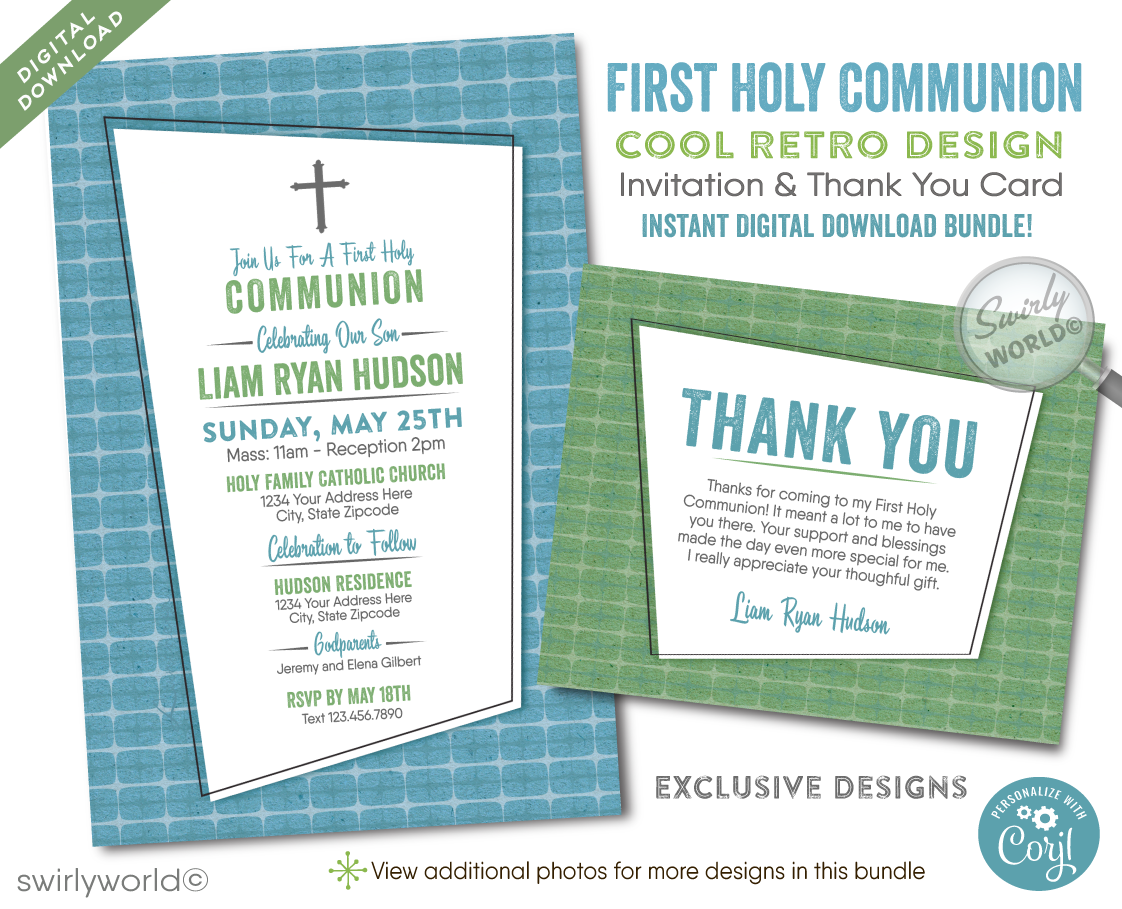 Retro Mid-Century Modern Communion Set - Green & Blue Invitations, Thank You Cards & Envelopes