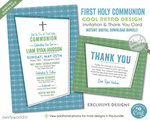 Retro Mid-Century Modern Communion Set - Green & Blue Invitations, Thank You Cards & Envelopes