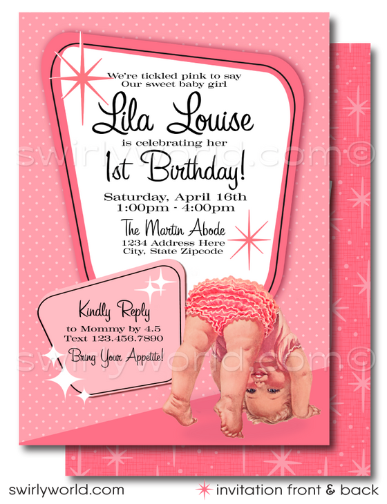 Celebrate your baby girl's milestone with a touch of nostalgic charm with our 1950s Vintage Kitsch Style 1st Birthday Invitation and Thank You Card digital download set. This exclusive collection captures the essence of the 1950s with its beautiful kitschy-style vintage baby illustration, featuring a sweet baby girl enveloped in soft, vintage blush pinks.
