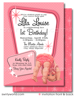 Celebrate your baby girl's milestone with a touch of nostalgic charm with our 1950s Vintage Kitsch Style 1st Birthday Invitation and Thank You Card digital download set. This exclusive collection captures the essence of the 1950s with its beautiful kitschy-style vintage baby illustration, featuring a sweet baby girl enveloped in soft, vintage blush pinks.