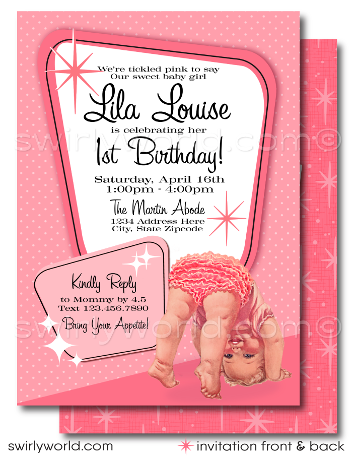 Celebrate your baby girl's milestone with a touch of nostalgic charm with our 1950s Vintage Kitsch Style 1st Birthday Invitation and Thank You Card digital download set. This exclusive collection captures the essence of the 1950s with its beautiful kitschy-style vintage baby illustration, featuring a sweet baby girl enveloped in soft, vintage blush pinks.