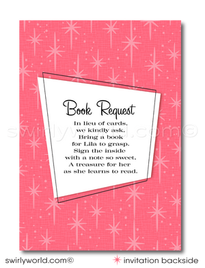 Celebrate your baby girl's milestone with Swirly World's 1940s-1950s Vintage Kitsch 1st Birthday Invitation & Thank You Card Set! 🎀🌟 Featuring vintage blush pinks, retro typography, and MCM starbursts. Customize easily with Corjl. Book Request Poem. Perfect for a charming, nostalgic celebration. Create memorable moments!