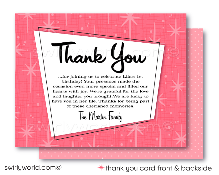 1950s Mid-Century Shabby Chic Kitsch 1st Birthday Baby Girl Invitation and Thank You Card Set