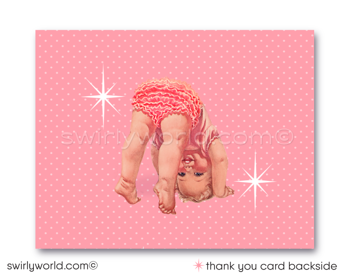 1950s Mid-Century Shabby Chic Kitsch 1st Birthday Baby Girl Invitation and Thank You Card Set