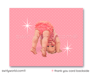 1950s Mid-Century Shabby Chic Kitsch 1st Birthday Baby Girl Invitation and Thank You Card Set