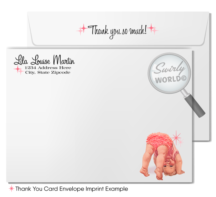 1950s Mid-Century Shabby Chic Kitsch 1st Birthday Baby Girl Invitation and Thank You Card Set