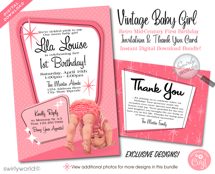 Celebrate your baby girl's milestone with a touch of nostalgic charm with our 1950s Vintage Kitsch Style 1st Birthday Invitation and Thank You Card digital download set. This exclusive collection captures the essence of the 1950s with its beautiful kitschy-style vintage baby illustration, featuring a sweet baby girl enveloped in soft, vintage blush pinks.