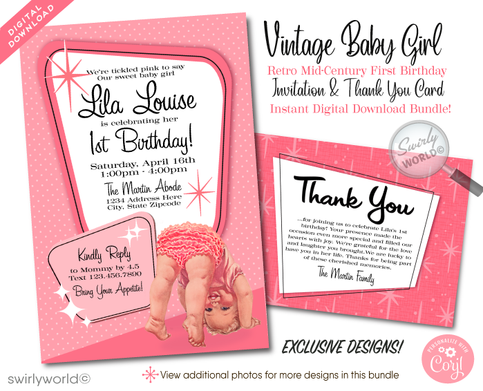 Celebrate your baby girl's milestone with Swirly World's 1940s-1950s Vintage Kitsch 1st Birthday Invitation & Thank You Card Set! 🎀🌟 Featuring vintage blush pinks, retro typography, and MCM starbursts. Customize easily with Corjl. Perfect for a charming, nostalgic celebration. Create memorable moments!