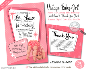 Celebrate your baby girl's milestone with a touch of nostalgic charm with our 1950s Vintage Kitsch Style 1st Birthday Invitation and Thank You Card digital download set. This exclusive collection captures the essence of the 1950s with its beautiful kitschy-style vintage baby illustration, featuring a sweet baby girl enveloped in soft, vintage blush pinks.