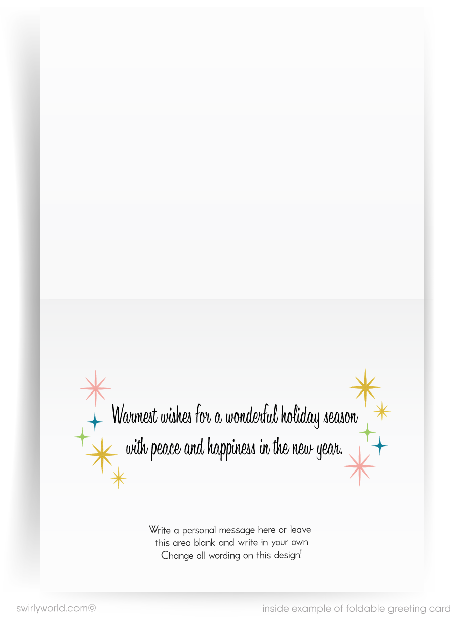 Foldable greeting card with holiday message and star designs on a white background