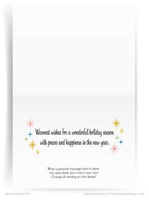 Foldable greeting card with holiday message and star designs on a white background