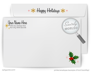 Christmas-themed envelope with 'Happy Holidays' text and Swirly World logo.