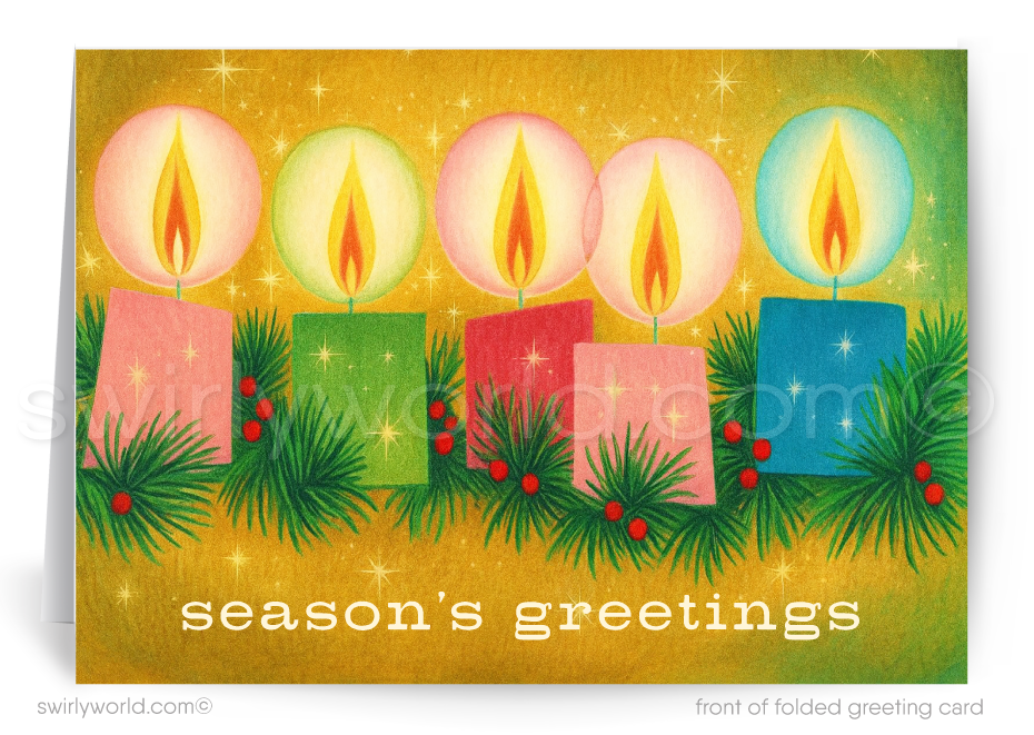Greeting card with colorful candles and 'season's greetings' text on a yellow background