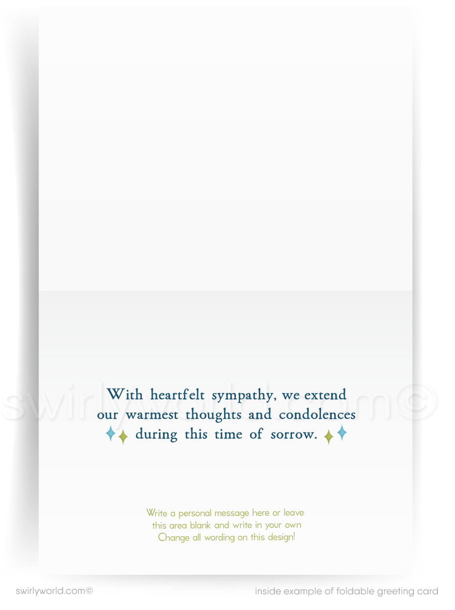 Greeting card with a stylized tree design and 'Deepest Sympathy' text on a blue background.