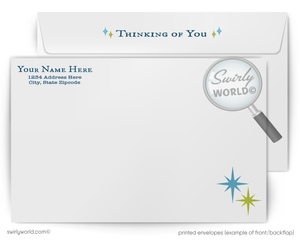 Envelopes with 'Swirly World' branding and a magnifying glass graphic.