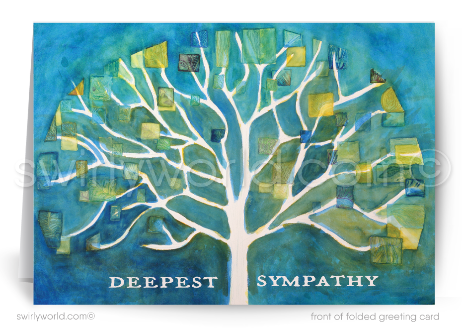 Greeting card with a stylized tree design and 'Deepest Sympathy' text on a blue background.