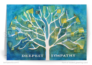 Greeting card with a stylized tree design and 'Deepest Sympathy' text on a blue background.