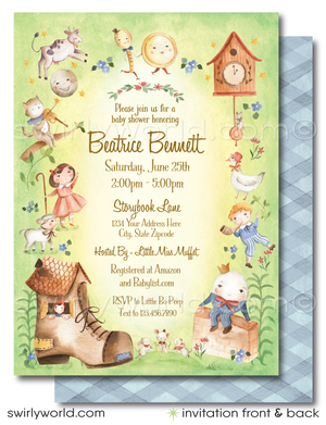 Dive into the enchanting world of childhood stories with our "Mother Goose" Nursery Rhymes Baby Shower Invitation Set. Inspired by classic nursery rhymes that have delighted generations, this printed invitation set features soothing green and blue tones and delightful character illustrations of Little Bo Peep, The Cat and the Fiddle, Humpty Dumpty, Three Blind Mice, The Old Woman in the Shoe, The Itsy Bitsy Spider, Mary Had A Little Lamb