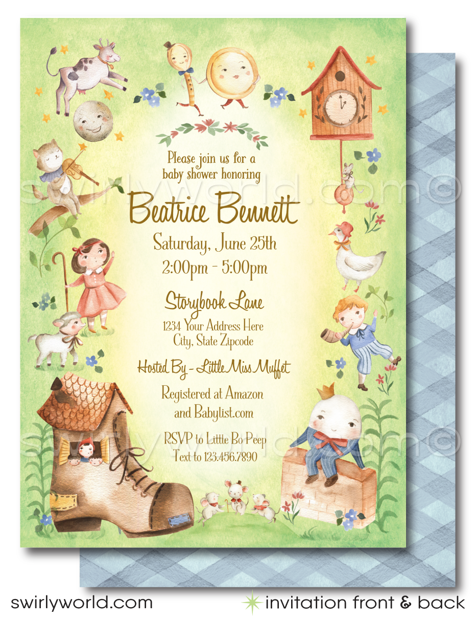 Dive into the enchanting world of childhood stories with our "Mother Goose" Nursery Rhymes Baby Shower Invitation Set. Inspired by classic nursery rhymes that have delighted generations, this digital download invites set features soothing green tones and delightful character illustrations of Little Bo Peep, The Cat and the Fiddle, Humpty Dumpty, Three Blind Mice, The Old Woman in the Shoe, The Itsy Bitsy Spider, Mary Had A Little Lamb, and more