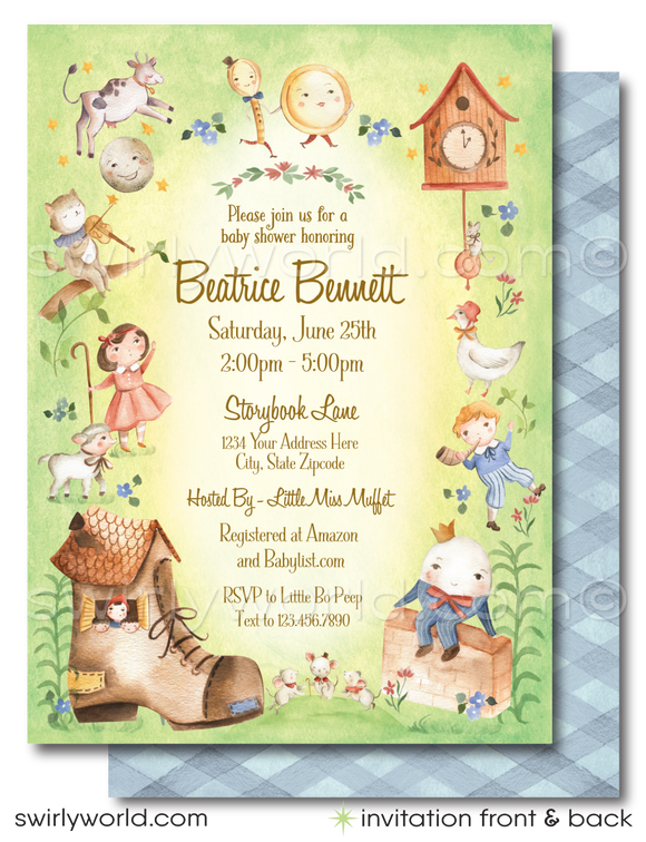 Dive into the enchanting world of childhood stories with our "Mother Goose" Nursery Rhymes Baby Shower Invitation Set. Inspired by classic nursery rhymes that have delighted generations, this digital download invites set features soothing green tones and delightful character illustrations of Little Bo Peep, The Cat and the Fiddle, Humpty Dumpty, Three Blind Mice, The Old Woman in the Shoe, The Itsy Bitsy Spider, Mary Had A Little Lamb, and more