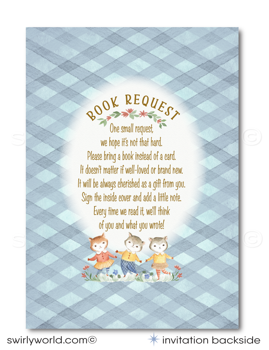 Dive into the enchanting world of childhood stories with our "Mother Goose" Nursery Rhymes Baby Shower Invitation Set. Inspired by classic nursery rhymes that have delighted generations, this digital download invites set features soothing green tones and delightful character illustrations of Little Bo Peep, The Cat and the Fiddle, Humpty Dumpty, Three Blind Mice, The Old Woman in the Shoe, The Itsy Bitsy Spider, Mary Had A Little Lamb, and more