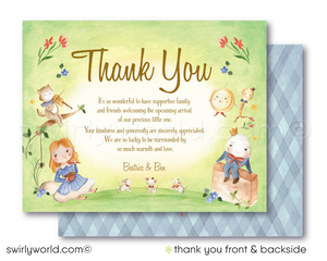 Dive into the enchanting world of childhood stories with our "Mother Goose" Nursery Rhymes Baby Shower Invitation Set. Inspired by classic nursery rhymes that have delighted generations, this printed invitation set features soothing green and blue tones and delightful character illustrations of Little Bo Peep, The Cat and the Fiddle, Humpty Dumpty, Three Blind Mice, The Old Woman in the Shoe, The Itsy Bitsy Spider, Mary Had A Little Lamb