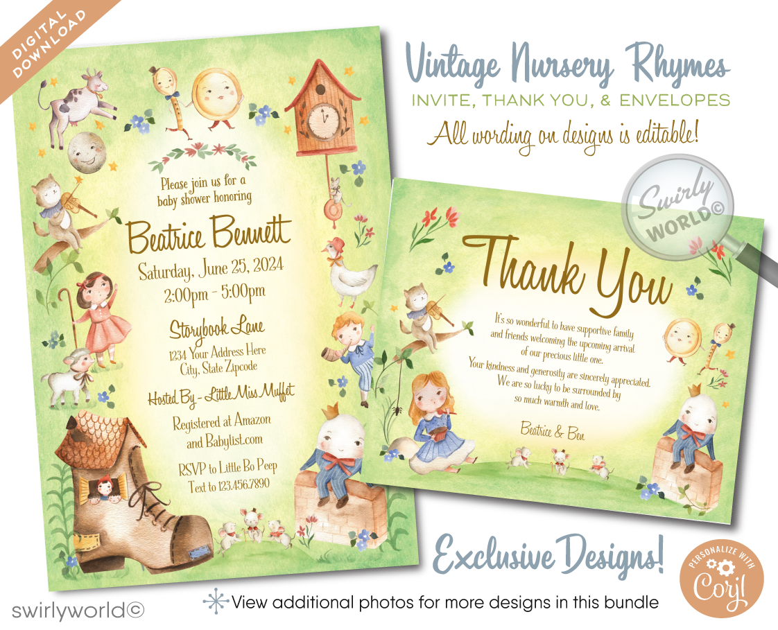 Dive into the enchanting world of childhood stories with our "Mother Goose" Nursery Rhymes Baby Shower Invitation Set. Inspired by classic nursery rhymes that have delighted generations, this digital download invites set features soothing green tones and delightful character illustrations of Little Bo Peep, The Cat and the Fiddle, Humpty Dumpty, Three Blind Mice, The Old Woman in the Shoe, The Itsy Bitsy Spider, Mary Had A Little Lamb, and more