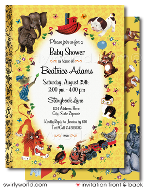 This delightful Little Golden Book digital downloadable invite set is inspired by the beloved nursery rhymes and timeless tales that have captured the hearts of generations. Featuring classic yellow tones and charming spot illustrations of iconic Little Golden Book characters, including the Pokey Little Puppy, The Shy Little Kitten, The Saggy Baggy Elephant, Tawny Scrawny Lion, and Scuffy the Tugboat