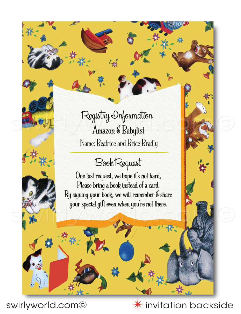 This delightful Little Golden Book digital downloadable invite set is inspired by the beloved nursery rhymes and timeless tales that have captured the hearts of generations. Featuring classic yellow tones and charming spot illustrations of iconic Little Golden Book characters, including the Pokey Little Puppy, The Shy Little Kitten, The Saggy Baggy Elephant, Tawny Scrawny Lion, and Scuffy the Tugboat