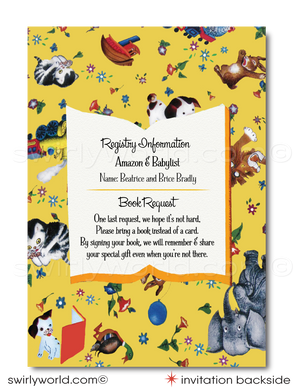 This delightful Little Golden Book digital downloadable invite set and Book Request Card  is inspired by the beloved nursery rhymes and timeless tales that have captured the hearts of generations. Featuring classic yellow tones and charming spot illustrations of iconic Little Golden Book characters, including the Pokey Little Puppy, The Shy Little Kitten, The Saggy Baggy Elephant, Tawny Scrawny Lion, and Scuffy the Tugboat
