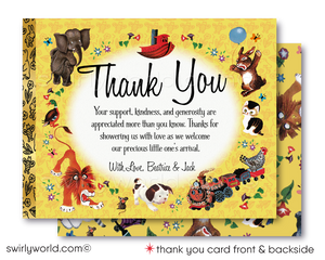 This delightful Little Golden Book digital downloadable invite set is inspired by the beloved nursery rhymes and timeless tales that have captured the hearts of generations. Featuring classic yellow tones and charming spot illustrations of iconic Little Golden Book characters, including the Pokey Little Puppy, The Shy Little Kitten, The Saggy Baggy Elephant, Tawny Scrawny Lion, and Scuffy the Tugboat