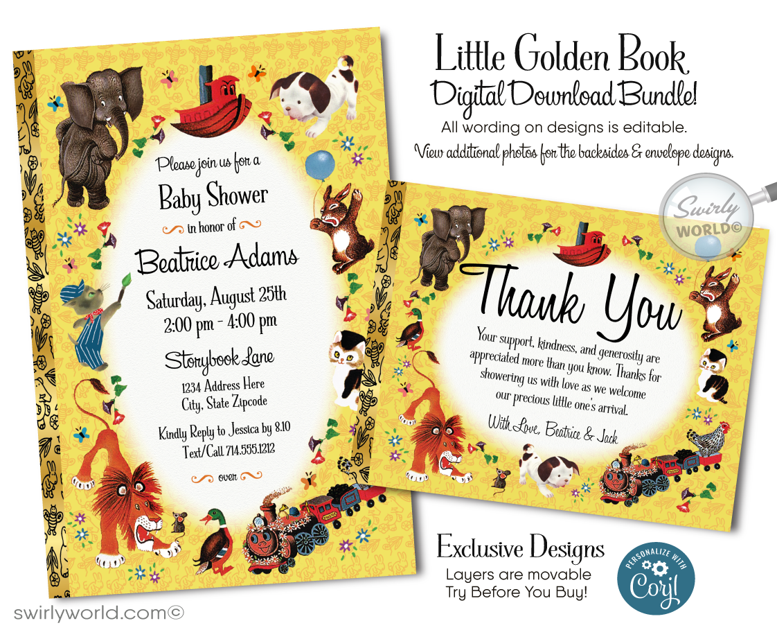 This delightful Little Golden Book digital downloadable invite set is inspired by the beloved nursery rhymes and timeless tales that have captured the hearts of generations. Featuring classic yellow tones and charming spot illustrations of iconic Little Golden Book characters, including the Pokey Little Puppy, The Shy Little Kitten, The Saggy Baggy Elephant, Tawny Scrawny Lion, and Scuffy the Tugboat
