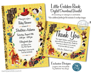 This delightful Little Golden Book digital downloadable invite set is inspired by the beloved nursery rhymes and timeless tales that have captured the hearts of generations. Featuring classic yellow tones and charming spot illustrations of iconic Little Golden Book characters, including the Pokey Little Puppy, The Shy Little Kitten, The Saggy Baggy Elephant, Tawny Scrawny Lion, and Scuffy the Tugboat