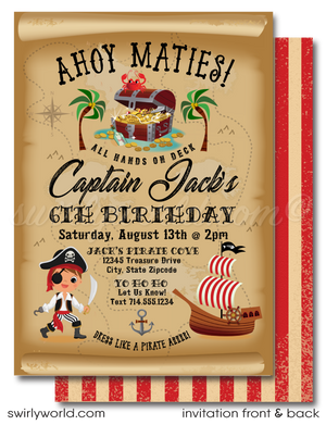 Throw a swashbuckling birthday party with this adventurous High Seas Pirate Birthday Party Invitation Digital Download Design! This design features a fierce Pirate Captain, a booty filled treasure chest, and a pillaging pirate ship to make your little one's special day an unforgettable seafaring adventure!