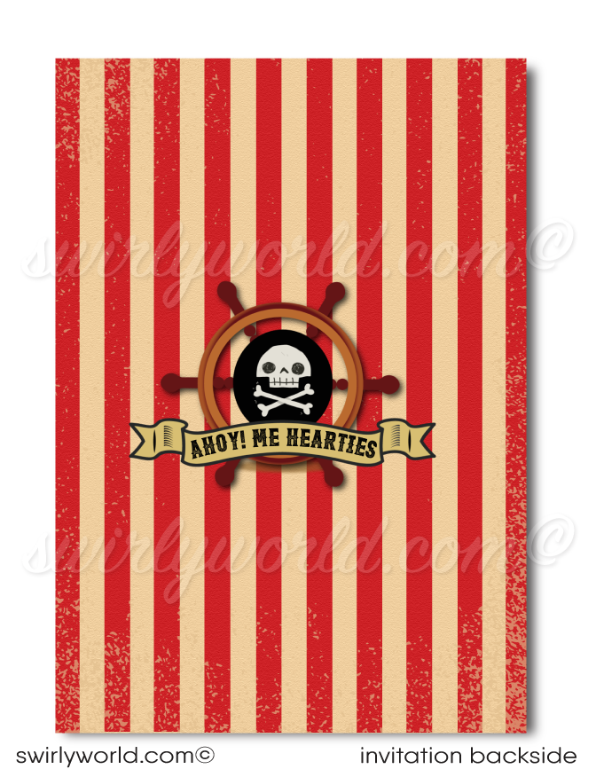 Throw a swashbuckling birthday party with this adventurous High Seas Pirate Birthday Party Invitation Digital Download Design! This design features a fierce Pirate Captain, a booty filled treasure chest, and a pillaging pirate ship to make your little one's special day an unforgettable seafaring adventure!