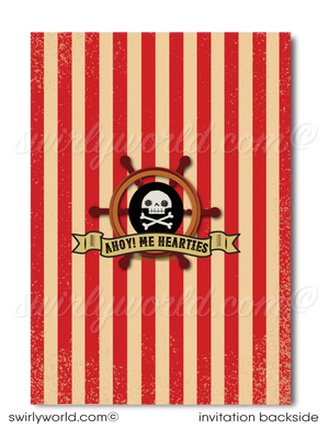 Throw a swashbuckling birthday party with this adventurous High Seas Pirate Birthday Party Invitation Digital Download Design! This design features a fierce Pirate Captain, a booty filled treasure chest, and a pillaging pirate ship to make your little one's special day an unforgettable seafaring adventure!