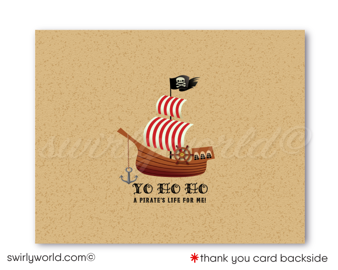 Throw a swashbuckling birthday party with this adventurous High Seas Pirate Birthday Party Invitation Digital Download Design! This design features a fierce Pirate Captain, a booty filled treasure chest, and a pillaging pirate ship to make your little one's special day an unforgettable seafaring adventure!