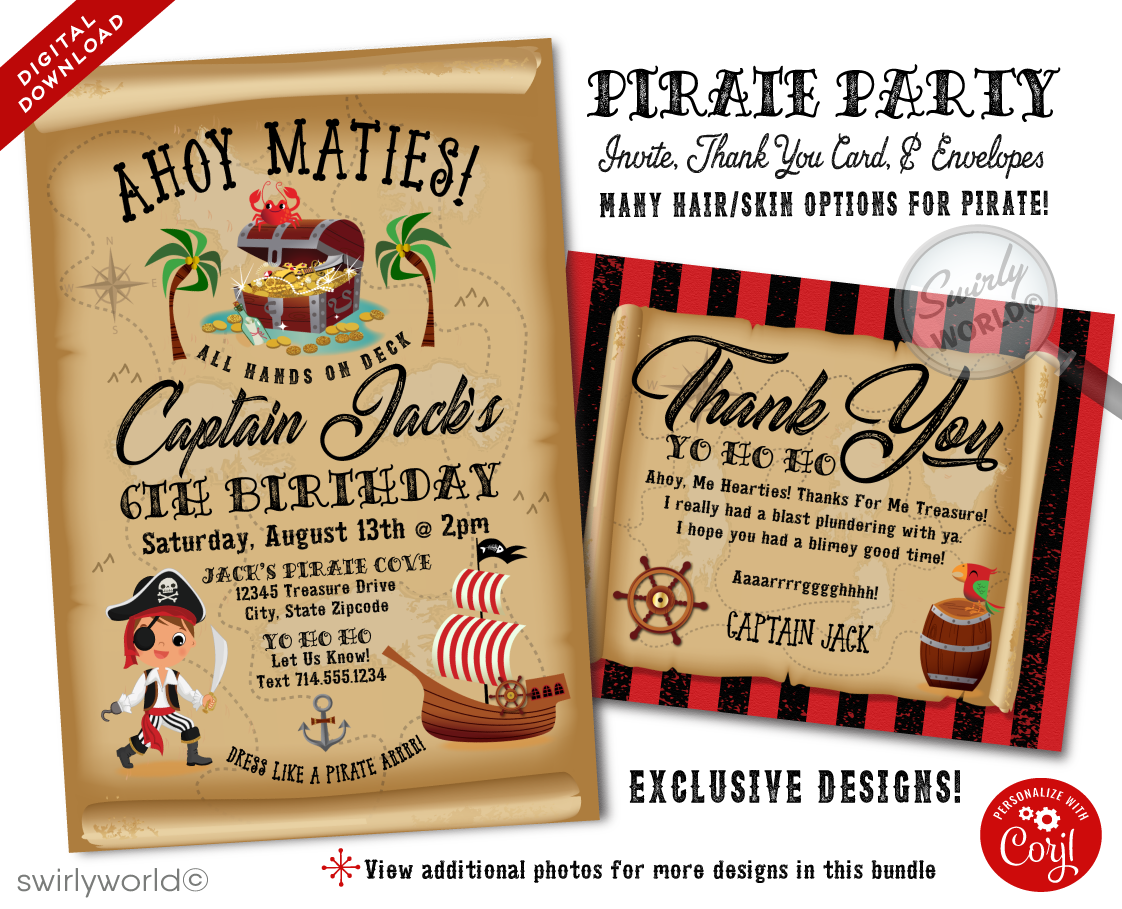 Set the sails for a swashbuckling celebration with our High Seas Pirate Birthday Party Invitation Digital Download Design, perfectly crafted for your little buccaneer's big day. This adventurous design showcases a fearless Pirate Captain at the helm, ready to lead the crew on a thrilling quest for treasure.