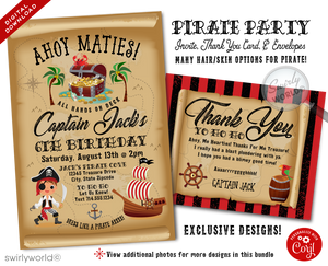 Set the sails for a swashbuckling celebration with our High Seas Pirate Birthday Party Invitation Digital Download Design, perfectly crafted for your little buccaneer's big day. This adventurous design showcases a fearless Pirate Captain at the helm, ready to lead the crew on a thrilling quest for treasure.