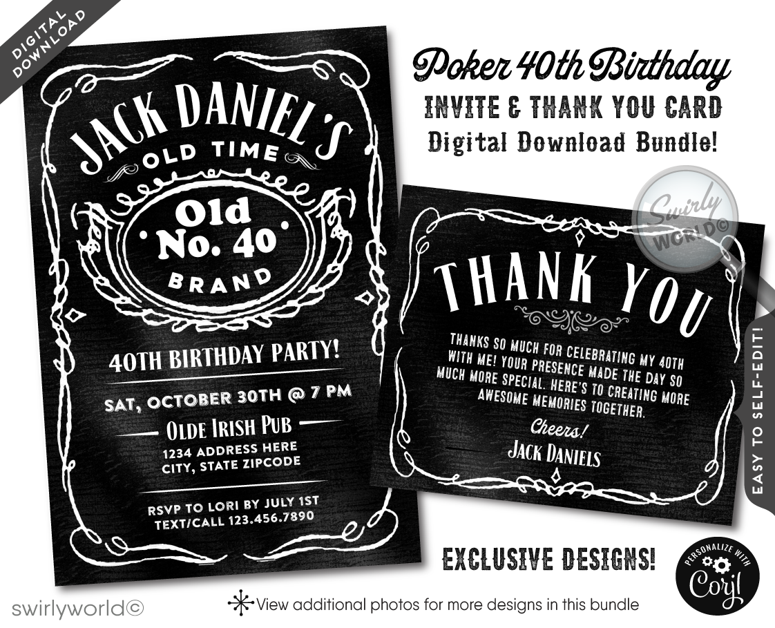 vintage over the hill 40th birthday party invitations Jack Daniels Whiskey theme party for men 6 cheers for forty years jack daniel's whiskey label digital 40th birthday invitations for guys