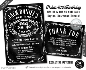 This exclusive digital invitation and thank you card design draws inspiration from the iconic Jack Daniel's Whiskey label, designed specifically with the distinguished gentleman in mind. The sophisticated typography and layout, mirroring the legendary whiskey's label, elevate your birthday invitation to an artifact of fine taste and memorable celebration.